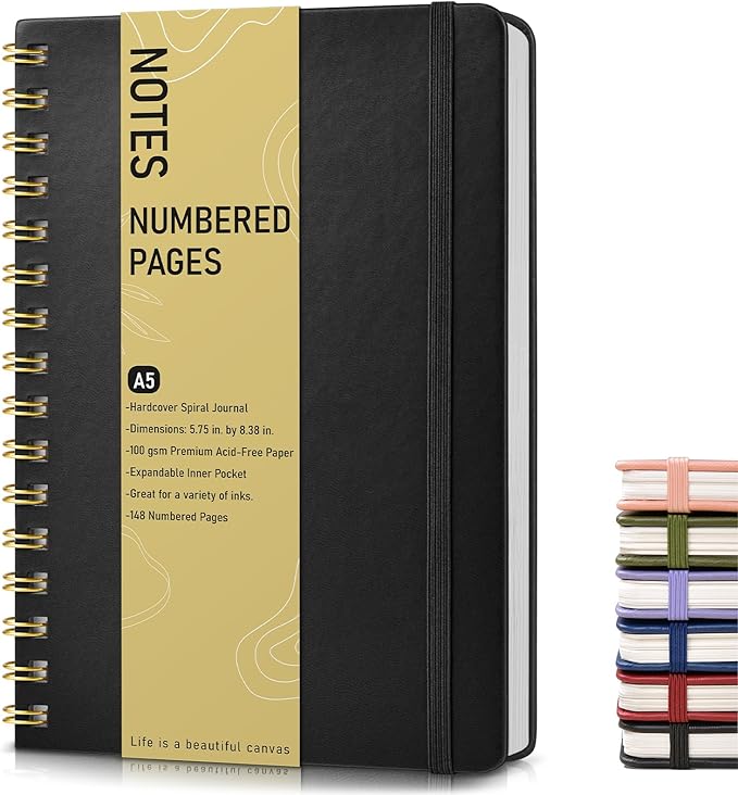 Lined Spiral Journal Notebook, A5 Hardcover Spiral Journals for Women Men, 150 Numbered Pages Spiral Bound Notebook, 100 GSM College Ruled Notebooks for Writing Note Taking Working 5.75" x 8.38" Black