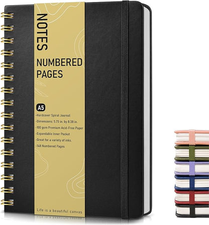 Lined Spiral Journal Notebook, A5 Hardcover Spiral Journals for Women Men, 150 Numbered Pages Spiral Bound Notebook, 100 GSM College Ruled Notebooks for Writing Note Taking Working 5.75" x 8.38" Black