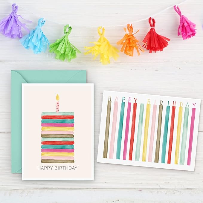 Sweetzer & Orange Watercolor Bulk Birthday Cards Assortment – 24pc Bulk Happy Day sheets with Envelopes Box Set – Assorted Blank Birthday decor Cards for Women, Men, and Kids in a Boxed Pack