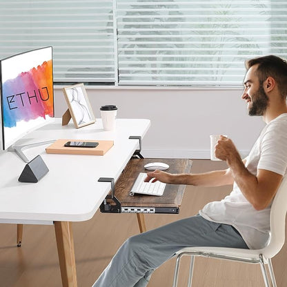 ETHU Keyboard Tray Under Desk, Pull Out Keyboard & Mouse Tray with C-clamp, Ergonomic Desk Keyboard Tray Slide Out, Pull Out Platform Drawer for Home and Office(Wood)