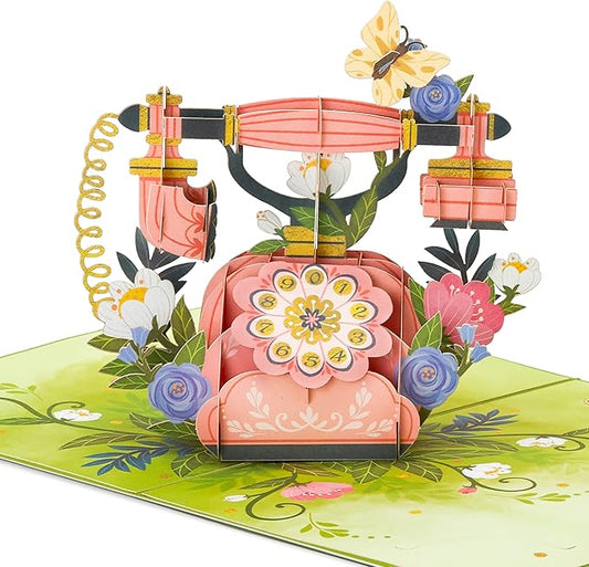 Vintage Phone Pop Up Card, Flowers, 3D Greeting Cards, Gifts for Birthday, Mothers Day, Anniversary, Mom, Wife, Women, 5x7 - Includes Envelope And Message Note