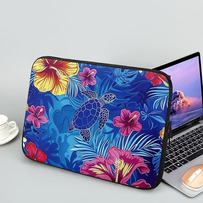Sea Turtle Printed Laptop Briefcase for Women Men, Hibiscus Flower Printed 10 Inch Laptop Bag Messenger Bag Lightweight Laptop Case for Office Business Traveling Daily Use