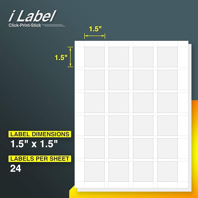 24UP 1.5" x 1.5" Square Labels for Laser & Inkjet Printers[300 Sheets,7200 Labels]