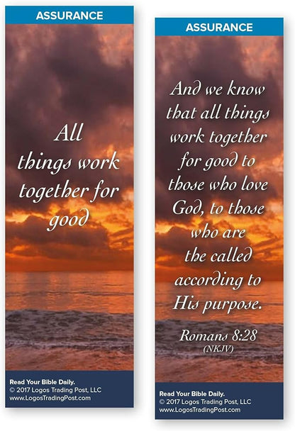 Christian Bookmark with Bible Verse, Pack of 25, Assurance Themed, All Things Work Together for Good, Romans 8:28