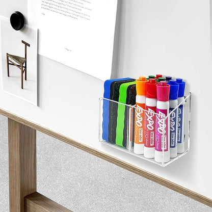 Magnetic Dry Erase Marker Holder, Acrylic Magnetic Pen Holder for Fridge, Magnetic Marker Holder for Whiteboard, 2 Compartments Whiteboard Marker Holder for Office, Home, Locker(Clear)