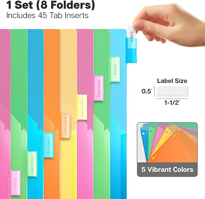Dunwell 2-Pocket 8-Tab Divider Pockets, (1 Set, 8 Count), 5 Colors, Plastic 8 Subject Notebook Tab Dividers for 3-Ring Binders, Includes Label Inserts, Durable Acid-Free Poly