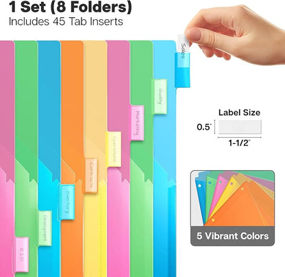 Dunwell 2-Pocket 8-Tab Divider Pockets, (1 Set, 8 Count), 5 Colors, Plastic 8 Subject Notebook Tab Dividers for 3-Ring Binders, Includes Label Inserts, Durable Acid-Free Poly