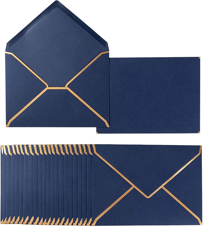 50 Pack Navy Blue A4 Envelopes 4x6 Self-Adhesive V Flap Envelopes with Gold Border for Office, Greeting Card, Wedding, Graduation, Baby Shower, Parties, Invitations (4.25x6.25 inches)