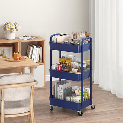 Sywhitta 3-Tier Plastic Rolling Utility Cart with Handle, Multi-Functional Storage Trolley for Office, Living Room, Kitchen, Movable Storage Organizer with Wheels, Blue