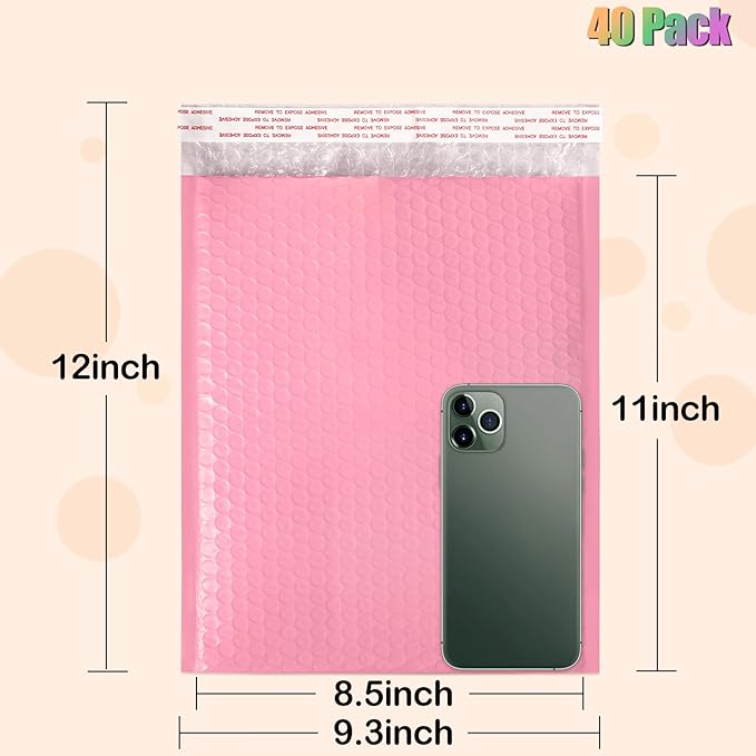 8.5x12 Inch Bubble Mailers 40 Pack, Self Seal Padded Envelopes for Small Business, Waterproof Shipping Bags, Light Pink