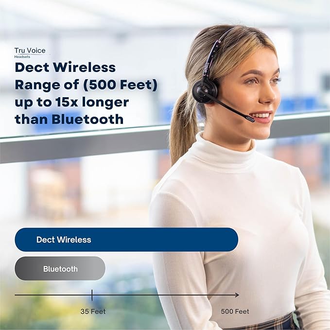 TruVoice Agent AW80 3-in-1 Wireless Headset with Noise Canceling Microphone for Phone, PC and Cell | 500 FT Maximum DECT Range (15 x Bluetooth Distance) - Remote Answer Capability with Additional EHS