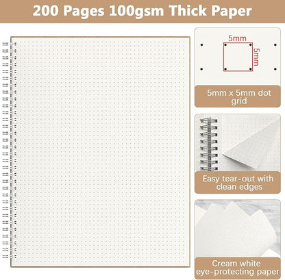 A4 Dotted Journal Notebook, 2 Pack Large Spiral Dot Grid Notebook, 200 Pages 100gsm Thick Dot Grid Paper Journal for Sketching Writing Taking Note and More - Kraft Brown Cover, 8.5" x 11"
