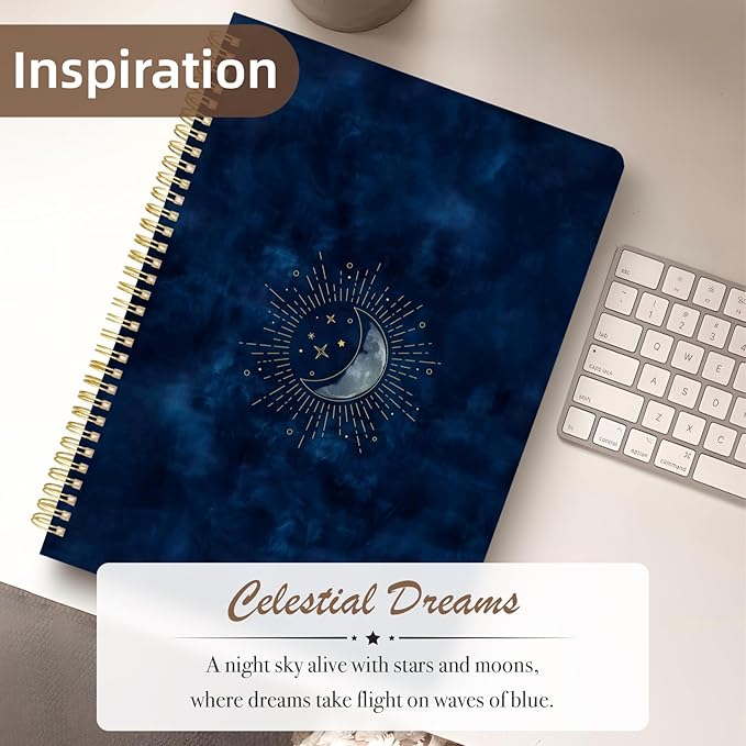 Cute Spiral Notebook journal A4 Aesthetic Pretty Design for Women Girls Kawaii with Pocket, 8.5 x 11 inch, Lined, Blue Moon