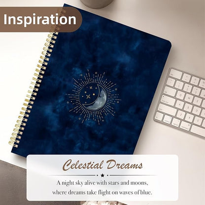 Cute Spiral Notebook journal A4 Aesthetic Pretty Design for Women Girls Kawaii with Pocket, 8.5 x 11 inch, Lined, Blue Moon