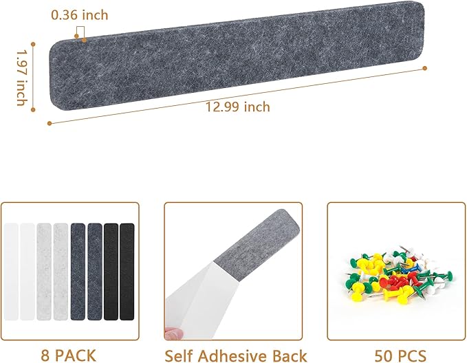 8 Packs Felt Pin Board Bar Strips Bulletin Board for Bedrooms Offices Home Wall Decoration, Notice Board Self Adhesive Cork Board with 50 Push Pins for Paste Notes, Photos, Schedules