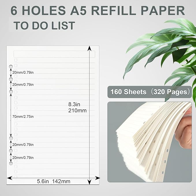 Toplive A5 Filler Paper To Do List, 6 Ring Planner Binder Inserts Paper Daily Checklist, A5 Loose Leaf Refill Paper 160 Sheets for A5 Notebook Budget Binder