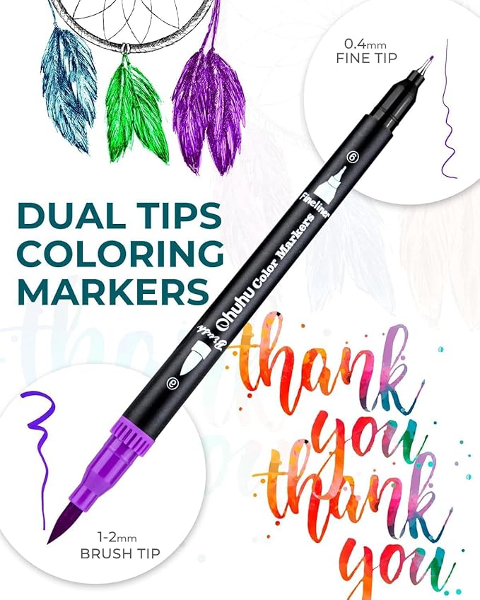 Ohuhu Markers for Adult Coloring Books No bleeding 100 Colors Coloring Markers Water-based Dual Tips Fineliner & Brush Drawing Pens Art Markers for Kids Adults Sketch Journal - Maui - Black