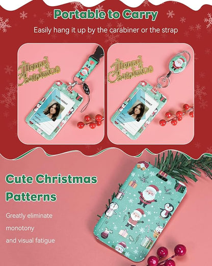 Uniclife Christmas Sliding Badge Holder Cartoon Santa Claus Hard ID Card Holder with Retractable Badge Reel Carabiner & Detachable Lanyard Strap Vertical Card Protector for Women Nurse Teacher Student