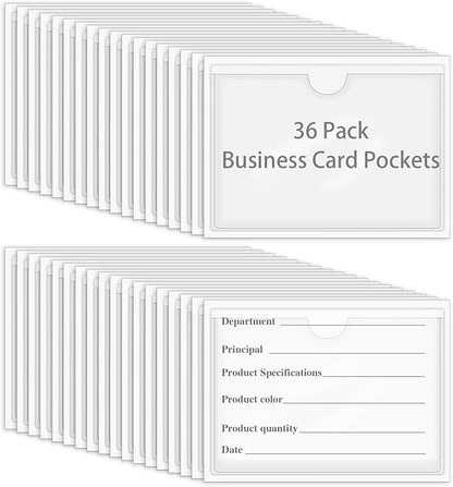 36 Pack Adhesive 2.4" x 3.9" Index Card Pockets with Top Open for Loading, Clear Plastic Labels Holders for Organizing, Storage Bins, Library Card, Totes, Shelves