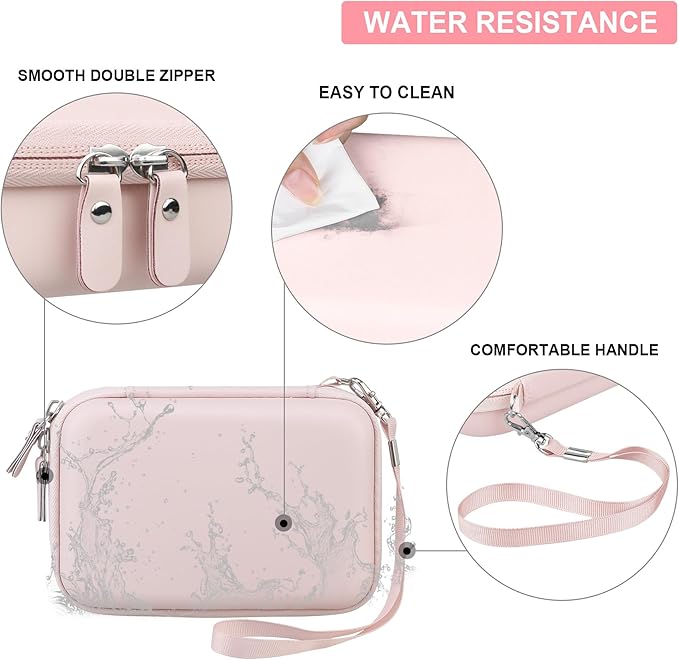 Hard Travel Case for Cabaro Mini Printer Sticker Thermal Printer, Bluetooth Portable Phone Printer Storage Holder Protection Case with Zipper Mesh Pocket fit Rolls Paper, Charging Cable, Pink