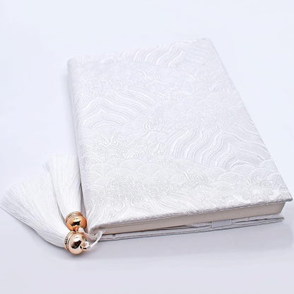 BLBMH Chinese Book Covers with Tassel Bookmark Book Cover Adjustable Book Sleeve Cover for A5 Books Embroidered Brocade Softcover Protector for Notebook Planner Bible - White