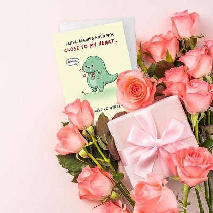 ALY LOU Anniversary Card for Her Him/Girlfriend Wife/Husband Boyfriend, Friendship Thank You Birthday Kawaii Greeting Card (Close to heart (t-rex))