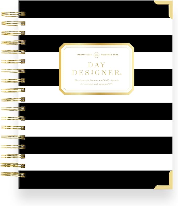 Day Designer 2025 Daily Planner – Premium Planner for Stylish Organization. Combines Monthly Calendar, Hourly Schedule, To-Do List, Gratitude, Goal Setting, Inspirational Quotes, Stickers & More. Elegant laminated Cover with Gold Accents (Black Stripe)
