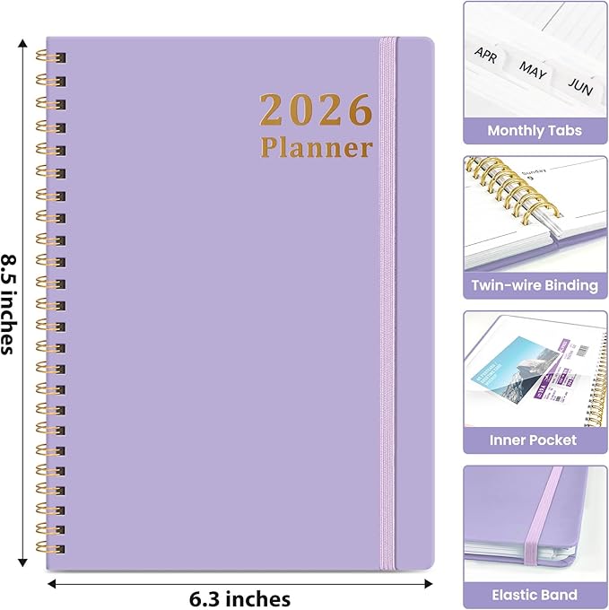 2026 Planner, Weekly and Monthly Calendar Planner, January 2026 - December 2026, Hardcover 2026 Calendar Planner Book with Tabs For Women & Men, Inner Pocket, Spiral Bound, Perfect for Office Home School Supplies - A5 (6.3" x 8.5"), Purple