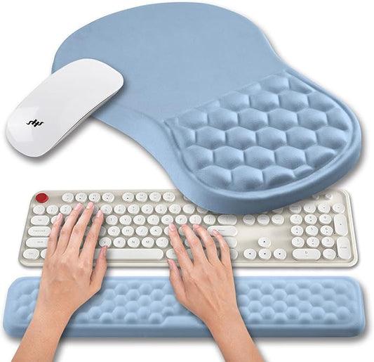Hokafenle 2 in 1 Ergonomic Mouse Pad Wrist Support & Wrist Rest for Computer Keyboard Set, with Relieve Carpal Tunnel Pain Massage Bulge and Full Memory Gel Design (2In1 Set, Lake Blue)