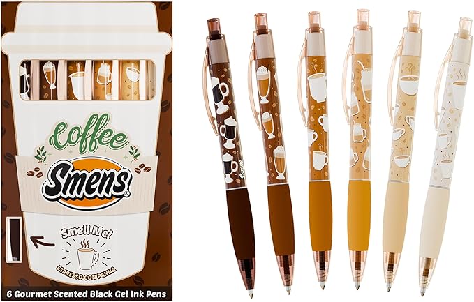 Coffee Smens - Gourmet Coffee-Scented Gel Pens, Black Ink, Medium Point, 6Pack Variety Set