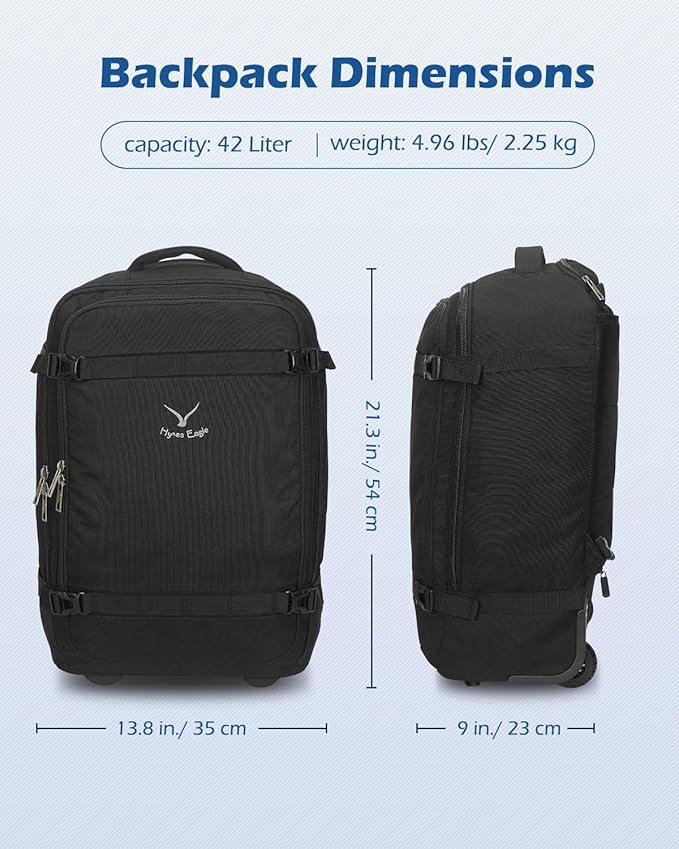 Hynes Eagle Rolling Backpack 42L Backpack with Wheels Airline Approved Carry on Luggage Laptop Travel Backpack for Women Men Black-2024