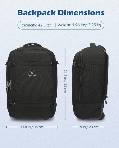 Hynes Eagle Rolling Backpack 42L Backpack with Wheels Airline Approved Carry on Luggage Laptop Travel Backpack for Women Men Black-2024
