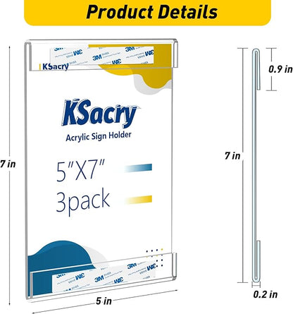 3 Pcs Acrylic Sign Holder 5 x 7, Vertical Wall Mount Sign Holders with 3M Adhesive, Clear Plastic Frames Paper Display Sign Holders for Office, Home, Store, Restaurant - No Drilling