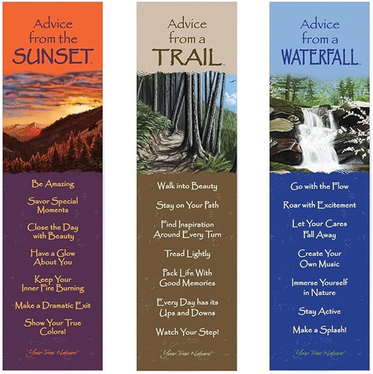 Advice from Nature 3 Bookmark Hiking Set, Laminated with Glossy Finish, Printed on Recycled Paper - Sunset, Trail, Waterfall (AMBM-Hike)