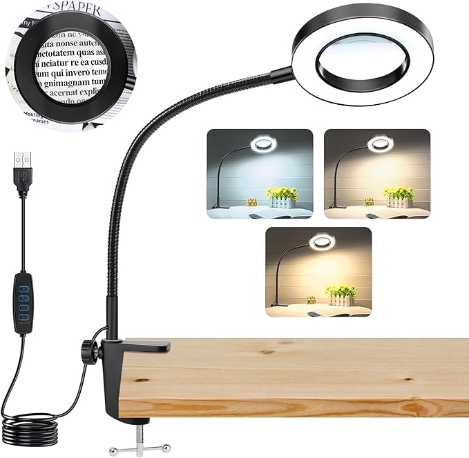 10X Magnifying Glass with Light, Clip on Mganifier with Light, 48 LED Desk Magnifying Glass wtih Clamp,3 Modes Dimmable Magnifying Lamps for Bed Work Crafts DIY Repair Jewellery