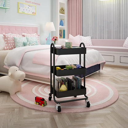 3-Tier Rolling Metal Storage Organizer,Mobile Utility Cart,Kitchen Storage Carts with Caster Wheels,Rolling Utility Cart Suitable for Office,Home,Kitchen,Garden（13.4"x18.1"x31"） Black