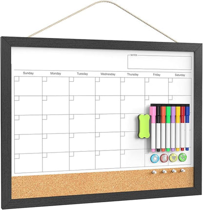 Dry Erase Calendar for Wall, 18x24 Inches Dry Erase Calendar Cork Board Combo, Magnetic White Board with Wood Framed, Hanging Dry Erase Board for Planner Home Office Kitchen Memo