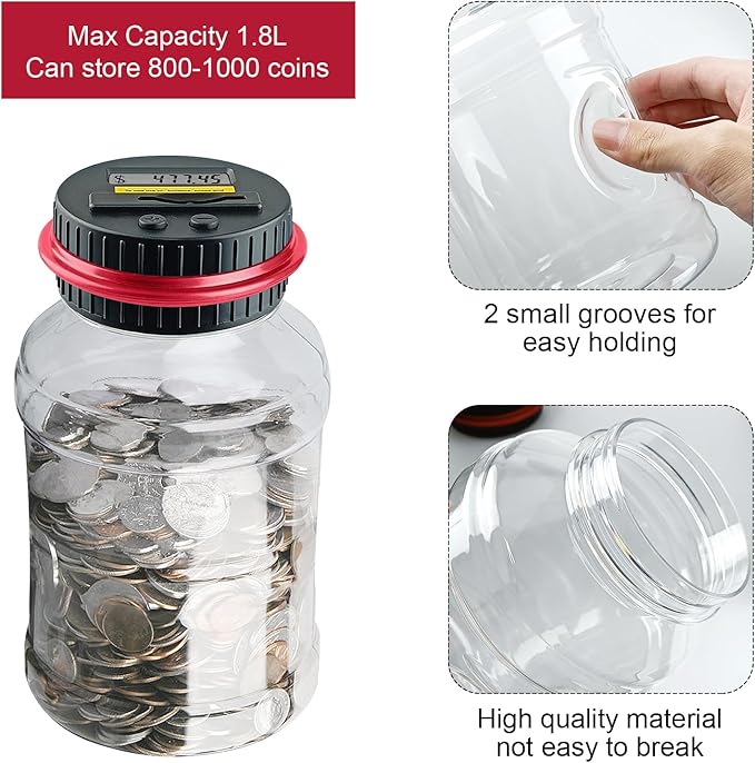 Coin Bank for Adults, QPEY Piggy Bank Coin Jar with LCD Counter Change Counter for Counting Money, Change Bank Designed for All US Coins (Red)