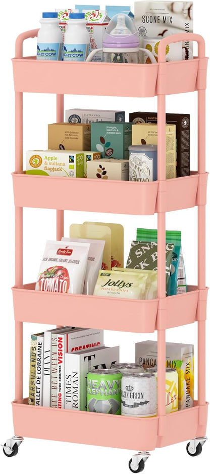 Sywhitta 4-Tier Plastic Rolling Utility Cart with Handle, Multi-Functional Storage Trolley for Office, Living Room, Kitchen, Movable Storage Organizer with Wheels, Pink