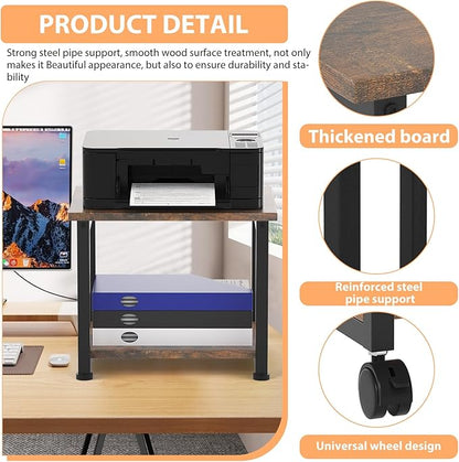 Under Desk Printer Stand, 2-Tier 16.5''x 12.6''x 14.8'' Rolling Printer Stand Storage Shelves for Printer, Scanner, Fax Machine, Files, Books with Anti-Skid Feet for Home, Office, Brown
