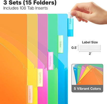Dunwell 5-Tab Dividers with Pockets for 3-Ring Binder (3 Sets, 15 Count), Plastic Binder Dividers with Tabs and 2 Pockets, Binder Pocket 3 Hole Punched for 8.5x11 Paper, Includes Label Inserts