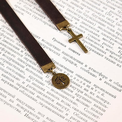 Bookmarks, Handmade Retro Cross Bible Bookmark with Long Leather Straps, Christian Saint Book Mark, My Famlly My Love (Style 20)