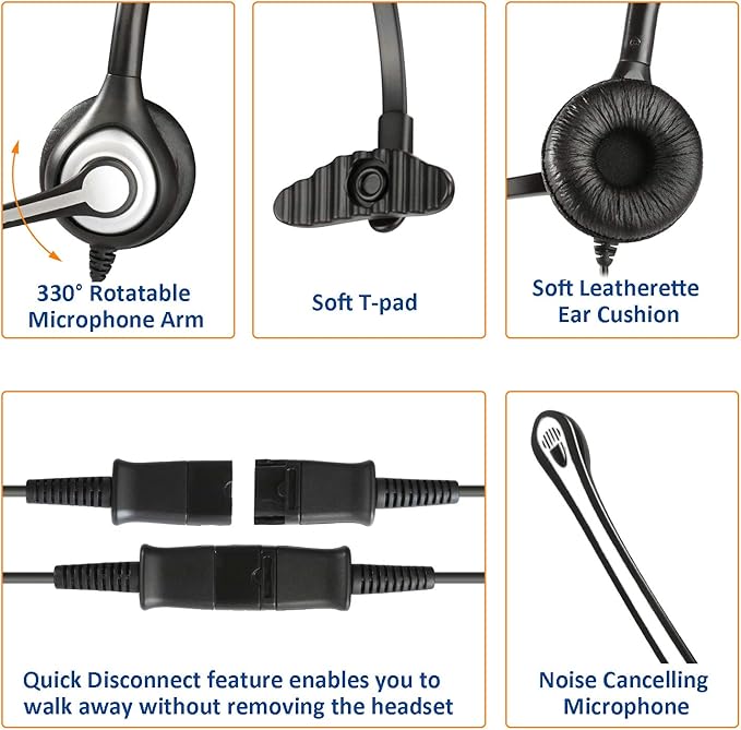Wantek 2.5mm Telephone Headset Monaural with Noise Canceling Mic+Quick Disconnect Compatible with Cisco Linksys SPA Polycom Grandstream Panasonic Zultys AT&T Office IP & Cordless Dect Phones(600QJ25)
