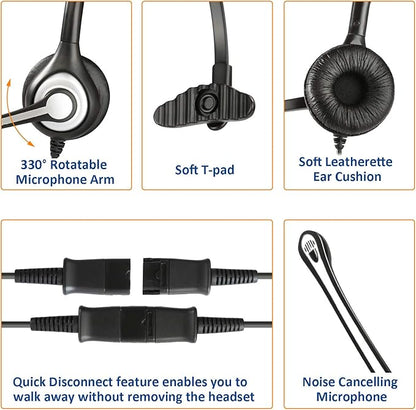 Wantek 2.5mm Telephone Headset Monaural with Noise Canceling Mic+Quick Disconnect Compatible with Cisco Linksys SPA Polycom Grandstream Panasonic Zultys AT&T Office IP & Cordless Dect Phones(600QJ25)
