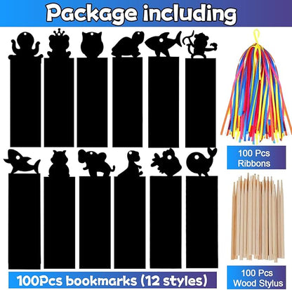 100Pcs Scratch Art Bookmarks Making Kit for Kids, Scratch Paper DIY Animal Bookmarks Bulk with 100 Pcs Ribbons and 100 Pcs Wood Stylus for Classroom Activities Craft Supplies Party Favors