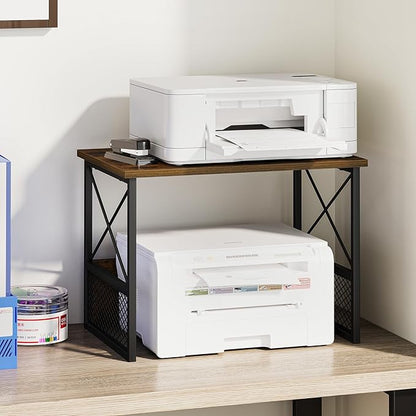 Printer Stand for Desk, Desktop Printer Stand Shelf Organzier for Home Offic, for Above and Under Desk, Fax Machine Copier Scanner, Rustic Brown