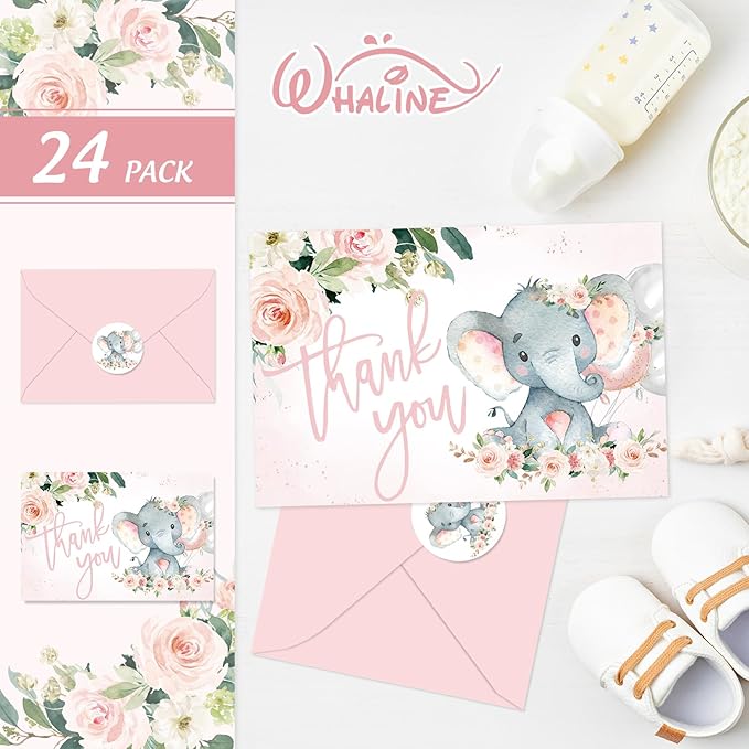 Whaline 24 Pack Baby Shower Thank You Cards Elephant Flower Greeting Cards with Envelopes Stickers Pink Floral Animal Blank Note Cards for Birthday Party Invitation Supplies, 4 x 6 Inch