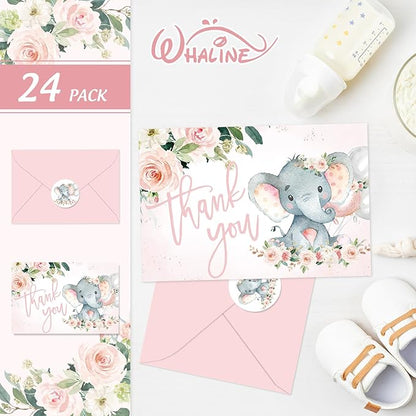 Whaline 24 Pack Baby Shower Thank You Cards Elephant Flower Greeting Cards with Envelopes Stickers Pink Floral Animal Blank Note Cards for Birthday Party Invitation Supplies, 4 x 6 Inch