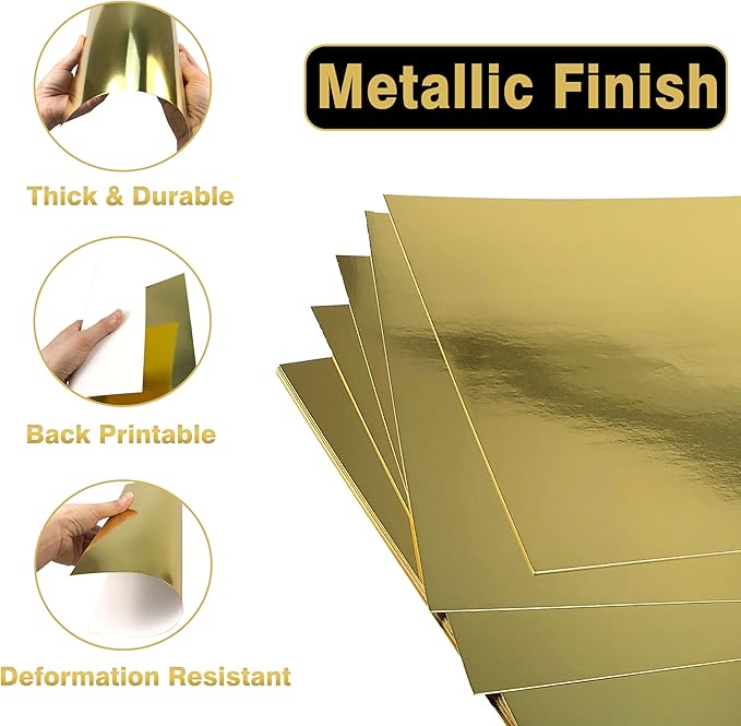 Gold Shimmer Metallic Cardstock Paper - 8.5" x 11" Metallic Paper Square, Golden Foil Mirror Board for Scrapbook, Card Making, Weddings & Birthdays Invitations (20 Sheets Pack, 250gsm)