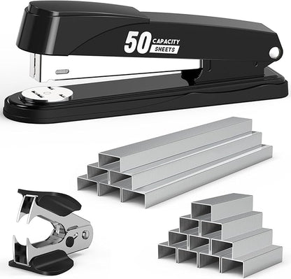 Metal Stapler Heavy Duty 50 Sheet Capacity with 1750 Staples and Staple Remover, Full Strip Staplers for Desk, No Jam, Non-Slip Office Stapler with Staples for Office & Classroom, Black